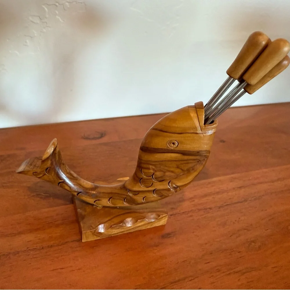 Wooden Whale fish Holder cocktail hors serving fork picker set‎ of 5